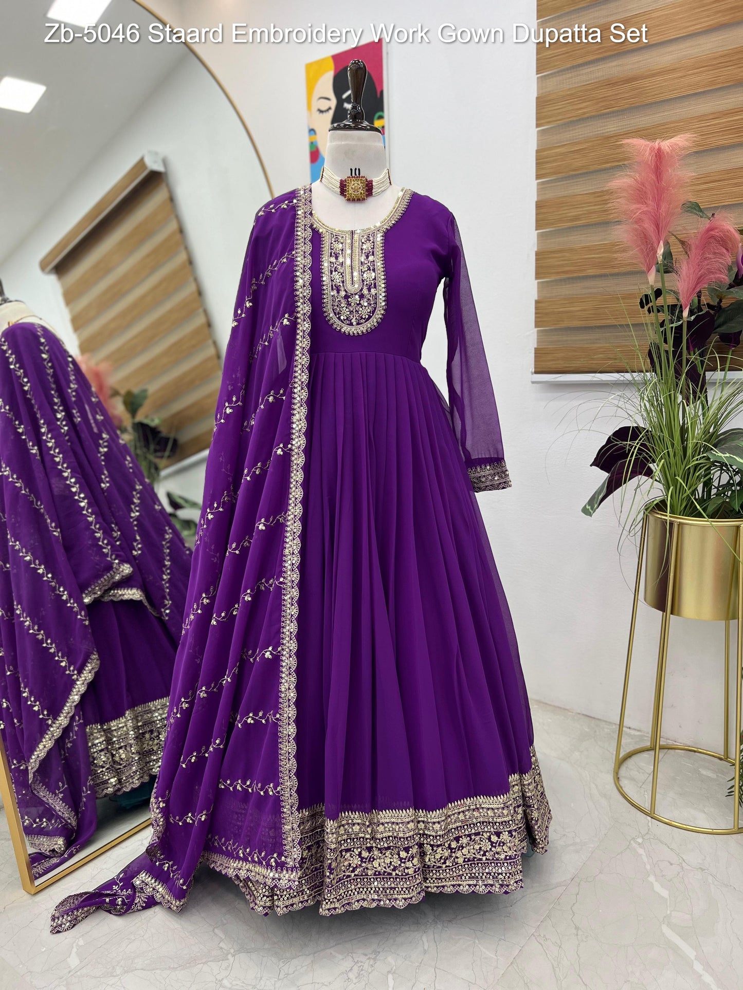 Zb-5046 Staard Embroidery Work Gown Dupatta Set