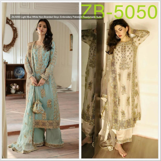 Zb-5050 Light Blue White Non-Branded Stzyc Embroidery Pakistani Readymade Suits