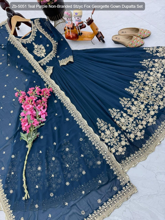 Zb-5051 Teal Purple Non-Branded Stzyc Fox Georgette Gown Dupatta Set