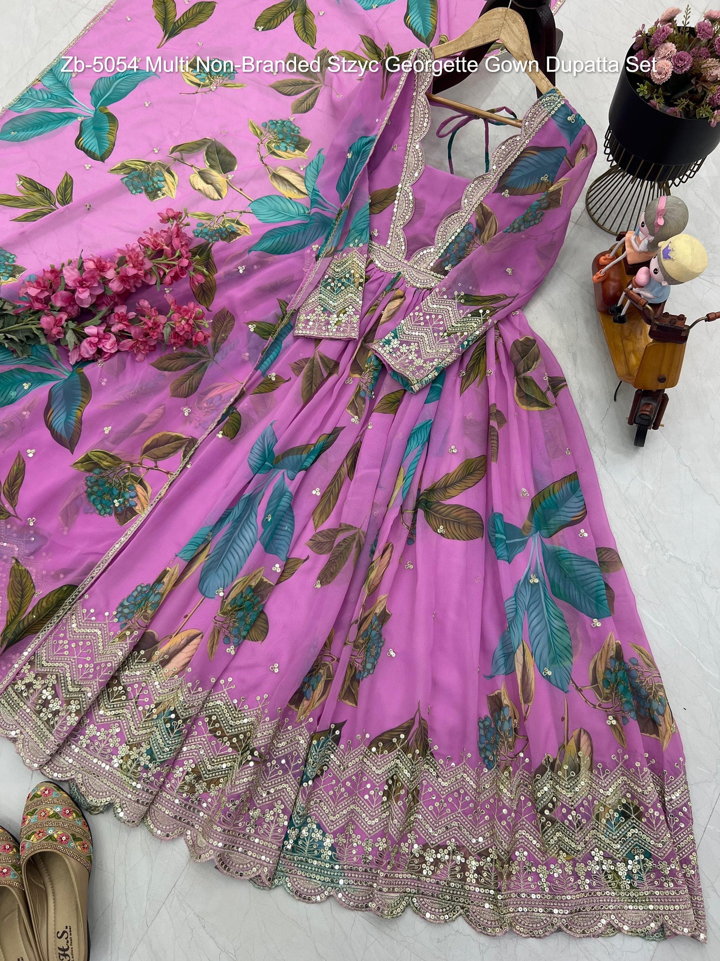 Zb-5054 Multi Non-Branded Stzyc Georgette Gown Dupatta Set