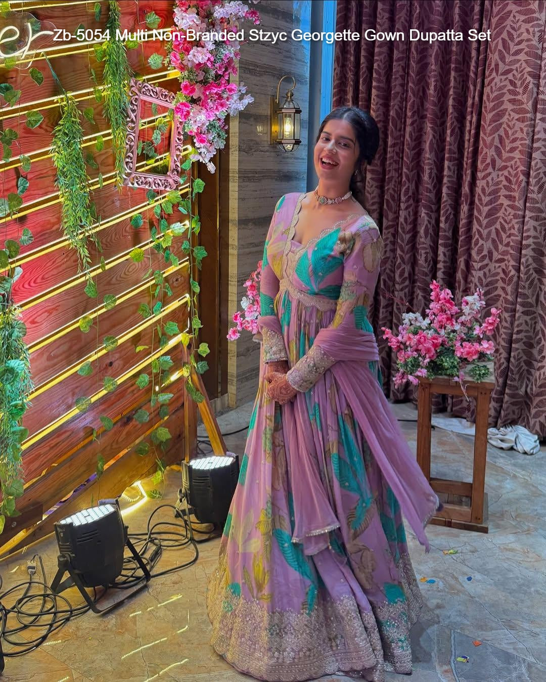 Zb-5054 Multi Non-Branded Stzyc Georgette Gown Dupatta Set