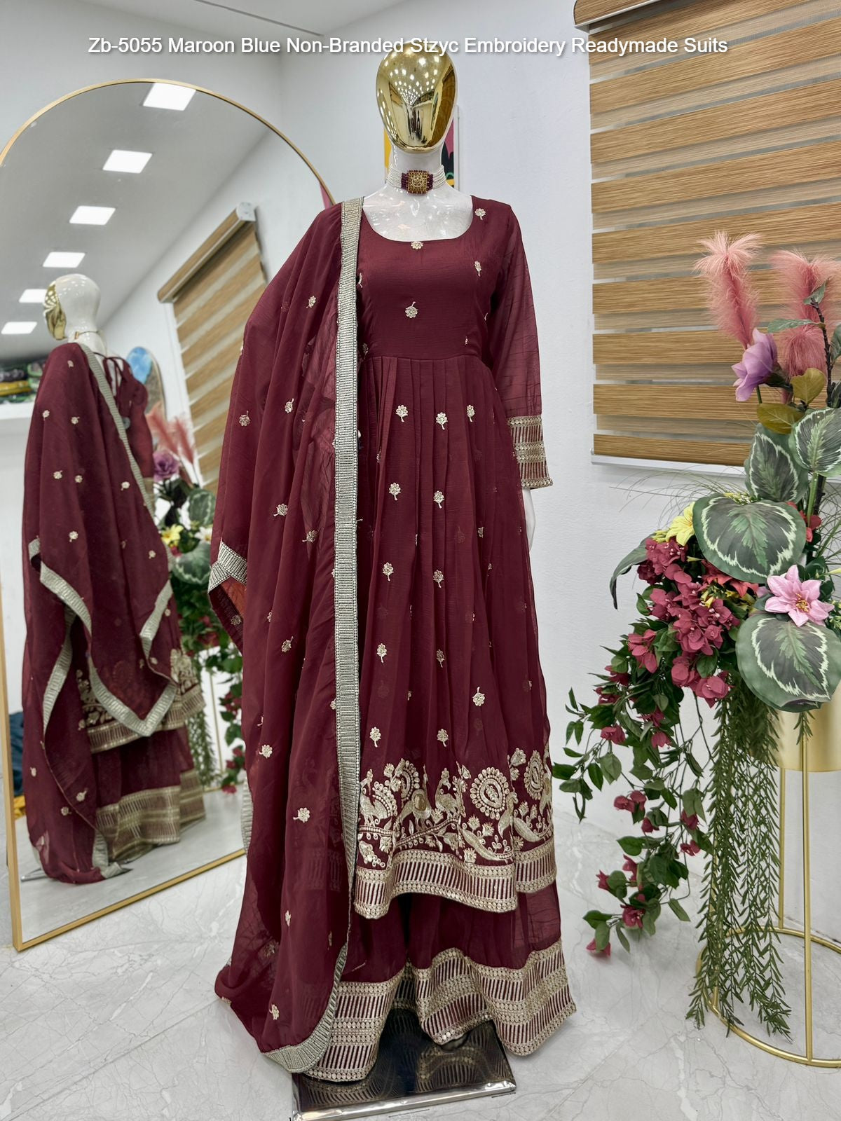 Zb-5055 Maroon Blue Non-Branded Stzyc Embroidery Readymade Suits