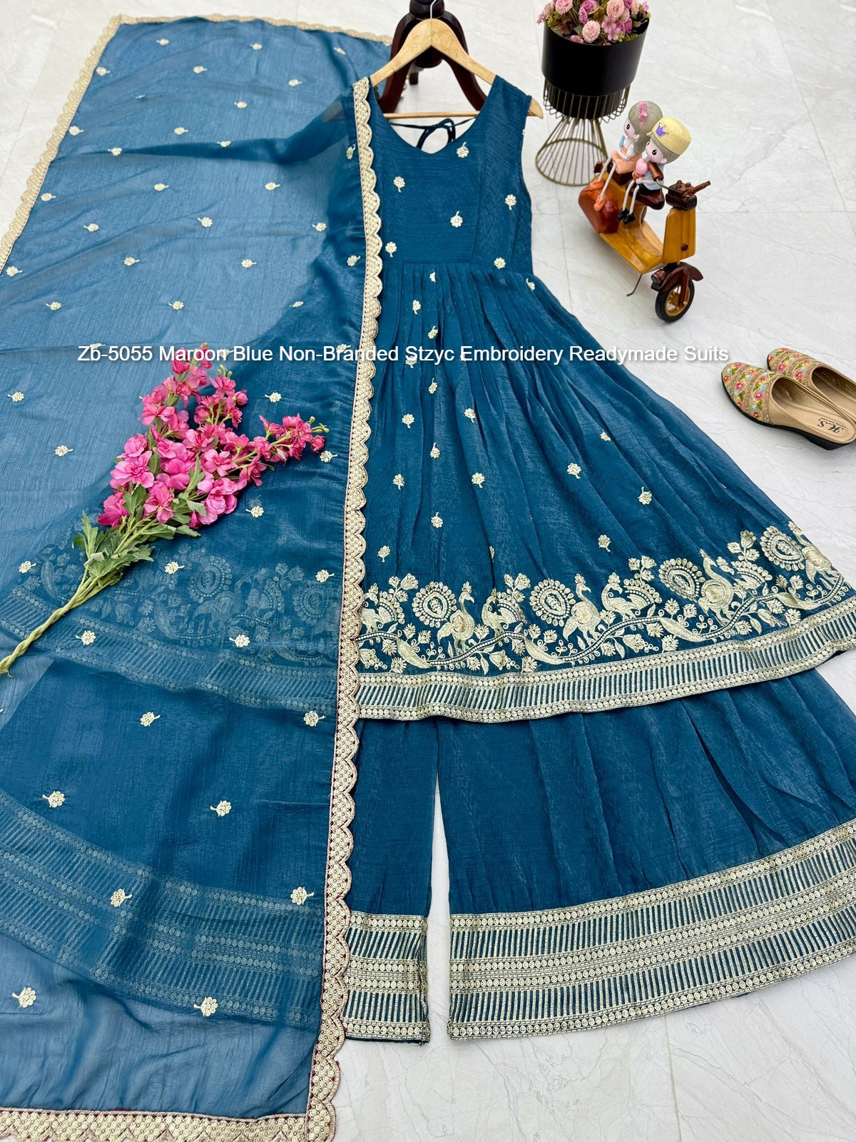 Zb-5055 Maroon Blue Non-Branded Stzyc Embroidery Readymade Suits