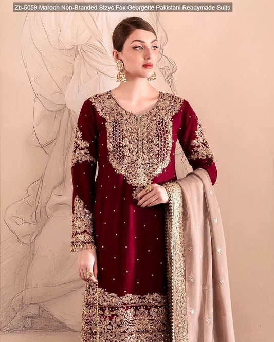 Zb-5059 Maroon Non-Branded Stzyc Fox Georgette Pakistani Readymade Suits