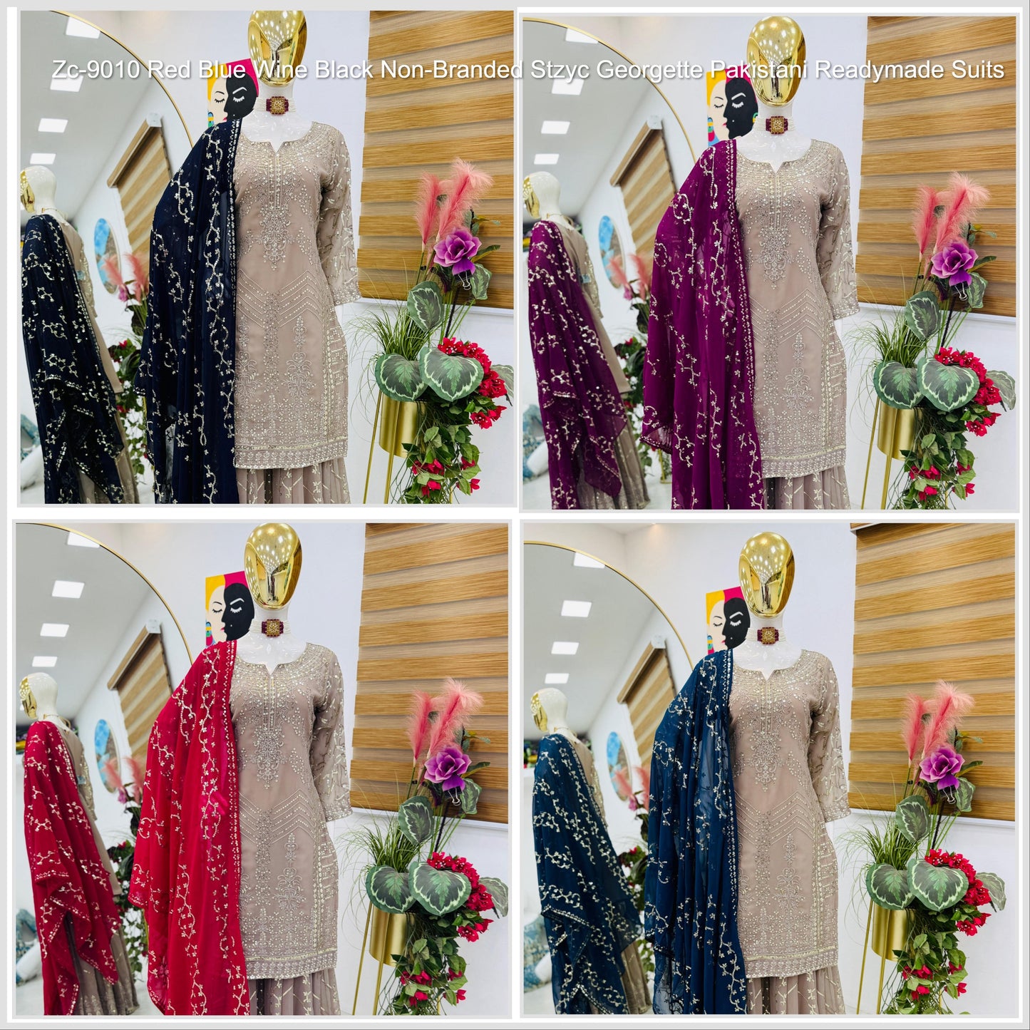 Zc-9010 Red Blue Wine Black Non-Branded Stzyc Georgette Pakistani Readymade Suits