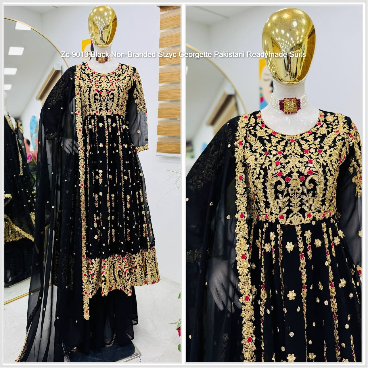 Zc-9013 Black Non-Branded Stzyc Georgette Pakistani Readymade Suits