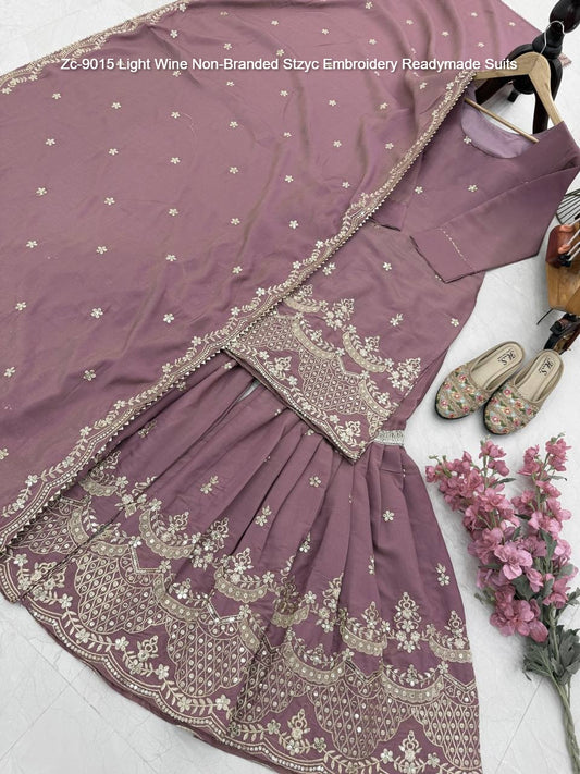 Zc-9015 Light Wine Non-Branded Stzyc Embroidery Readymade Suits