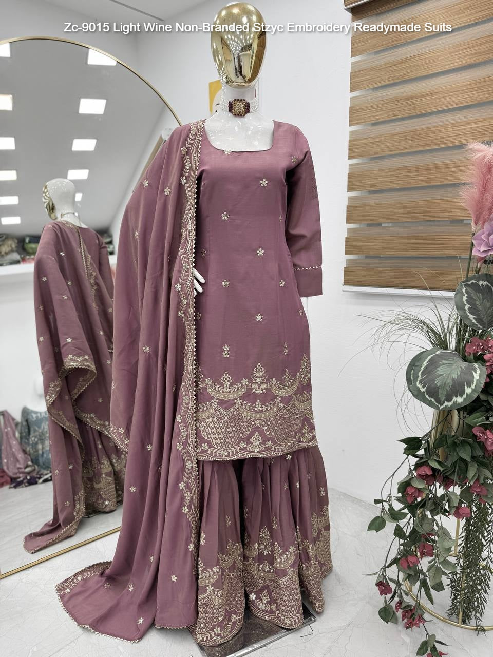 Zc-9015 Light Wine Non-Branded Stzyc Embroidery Readymade Suits