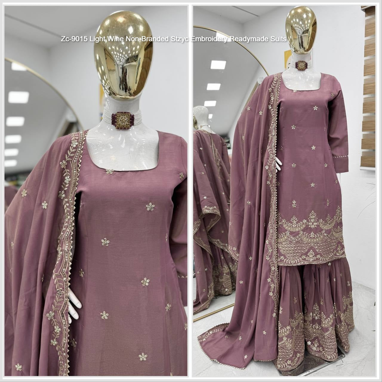 Zc-9015 Light Wine Non-Branded Stzyc Embroidery Readymade Suits