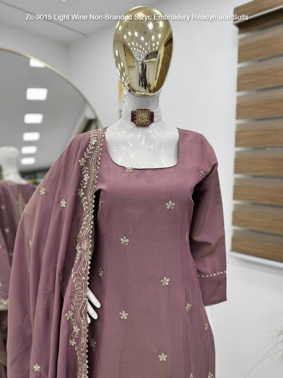 Zc-9015 Light Wine Non-Branded Stzyc Embroidery Readymade Suits