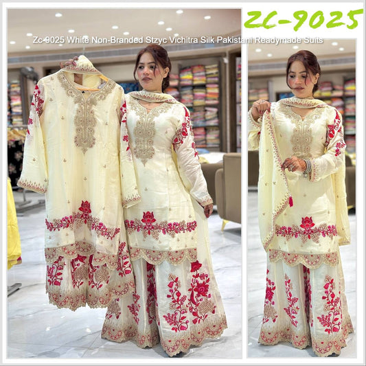 Zc-9025 White Non-Branded Stzyc Vichitra Silk Pakistani Readymade Suits