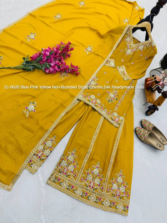 Zc-9026 Blue Pink Yellow Non-Branded Stzyc Chinon Silk Readymade Suits
