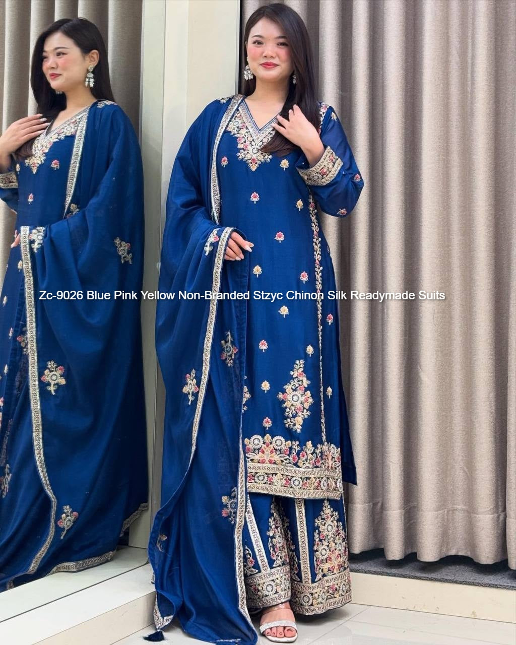 Zc-9026 Blue Pink Yellow Non-Branded Stzyc Chinon Silk Readymade Suits