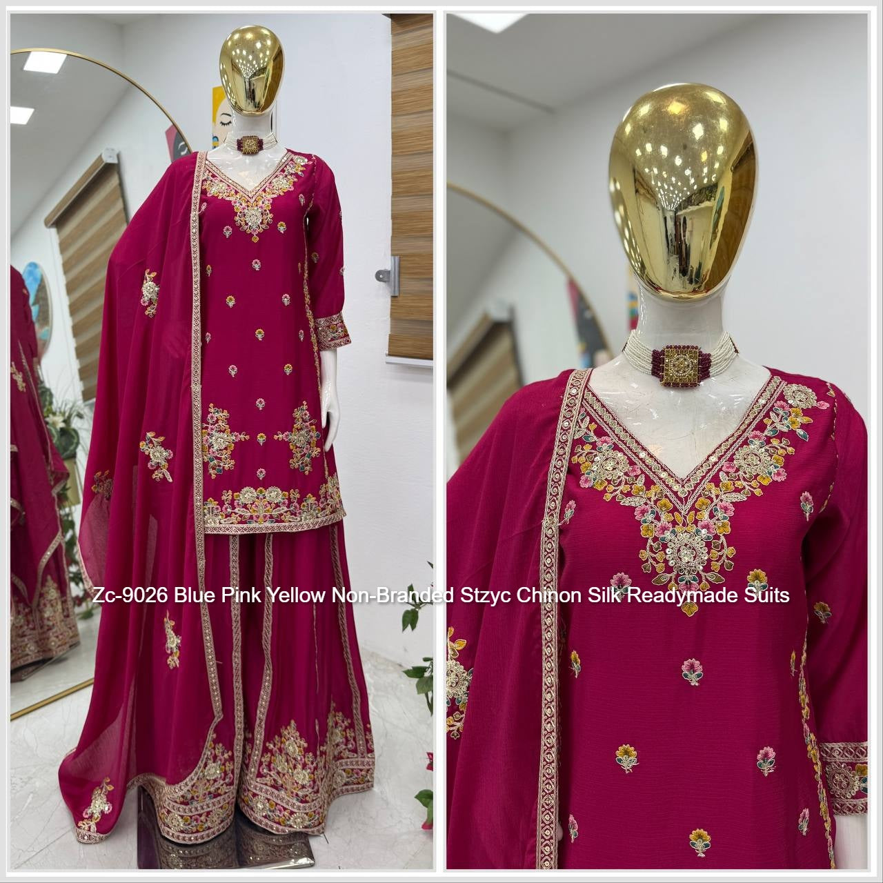 Zc-9026 Blue Pink Yellow Non-Branded Stzyc Chinon Silk Readymade Suits