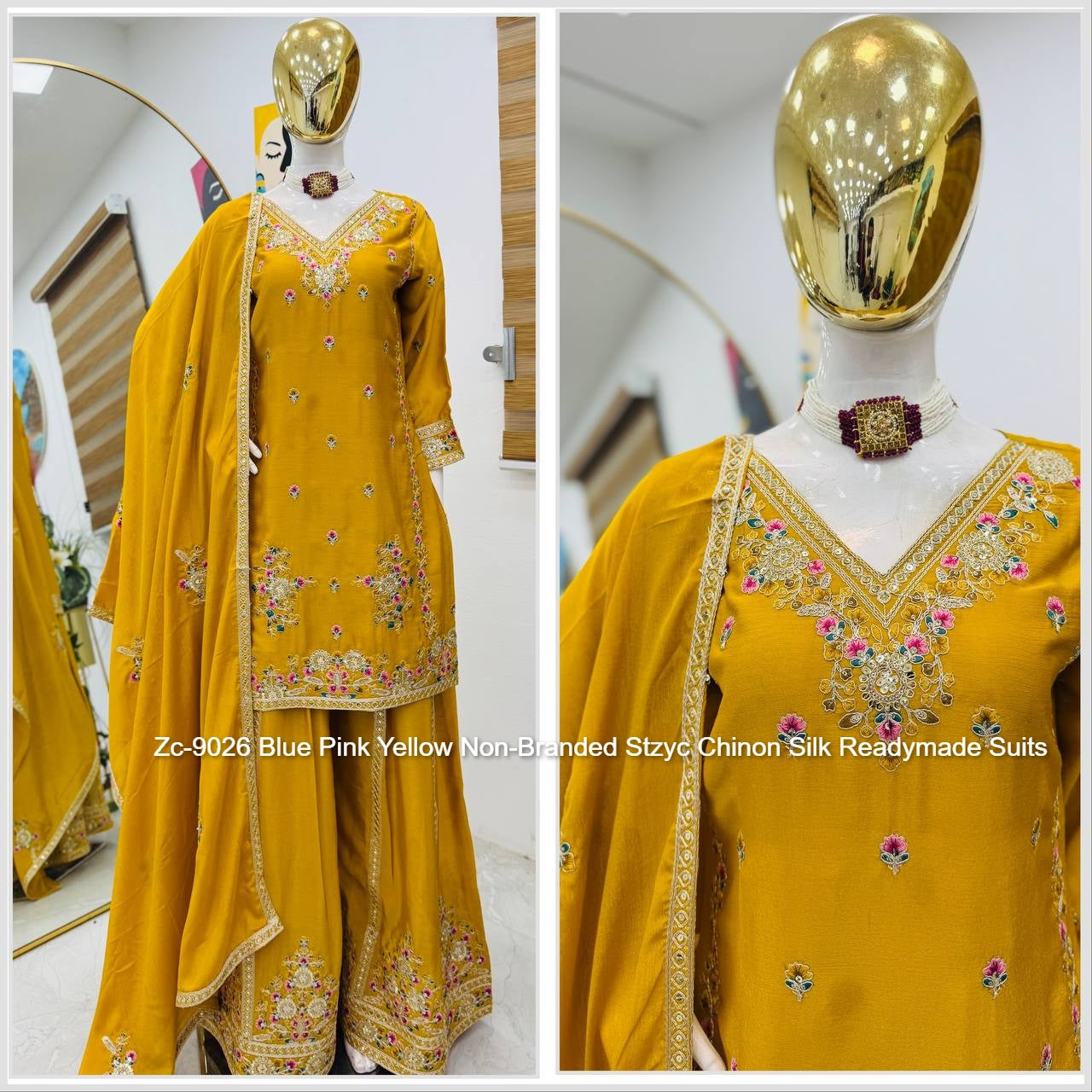Zc-9026 Blue Pink Yellow Non-Branded Stzyc Chinon Silk Readymade Suits