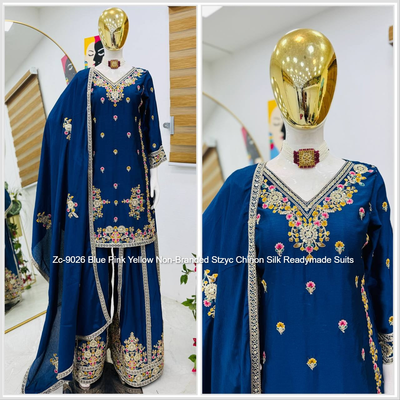 Zc-9026 Blue Pink Yellow Non-Branded Stzyc Chinon Silk Readymade Suits