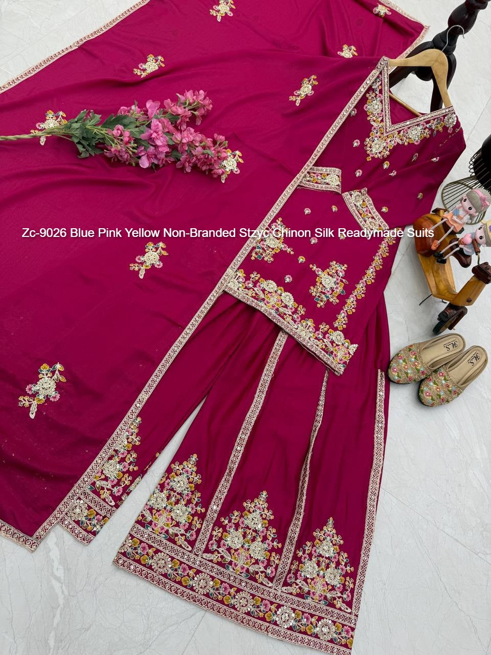 Zc-9026 Blue Pink Yellow Non-Branded Stzyc Chinon Silk Readymade Suits
