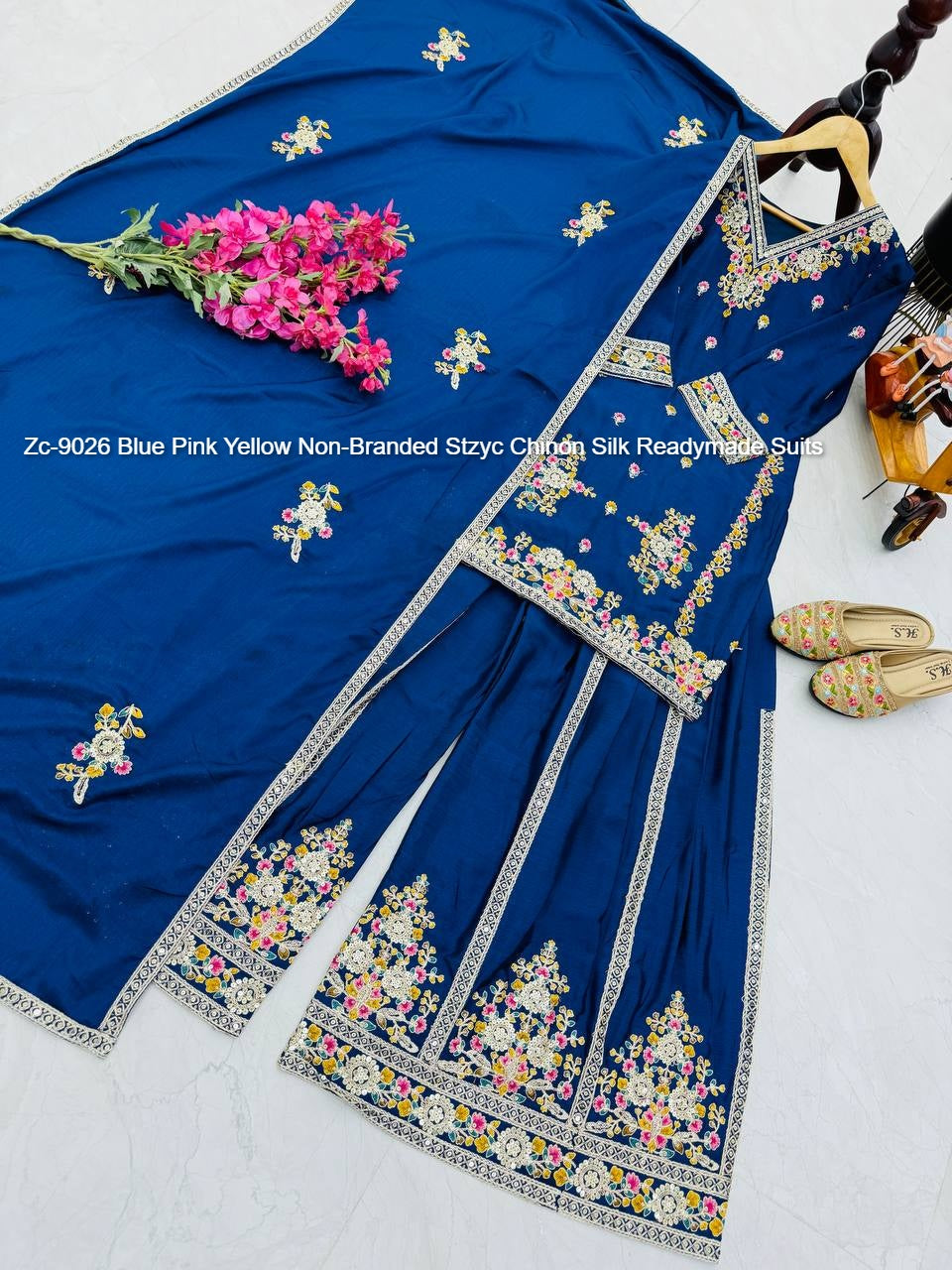 Zc-9026 Blue Pink Yellow Non-Branded Stzyc Chinon Silk Readymade Suits