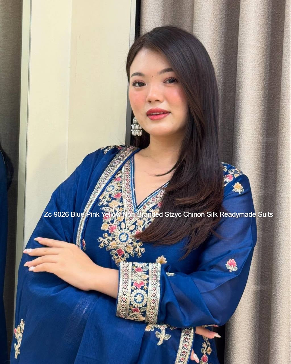 Zc-9026 Blue Pink Yellow Non-Branded Stzyc Chinon Silk Readymade Suits