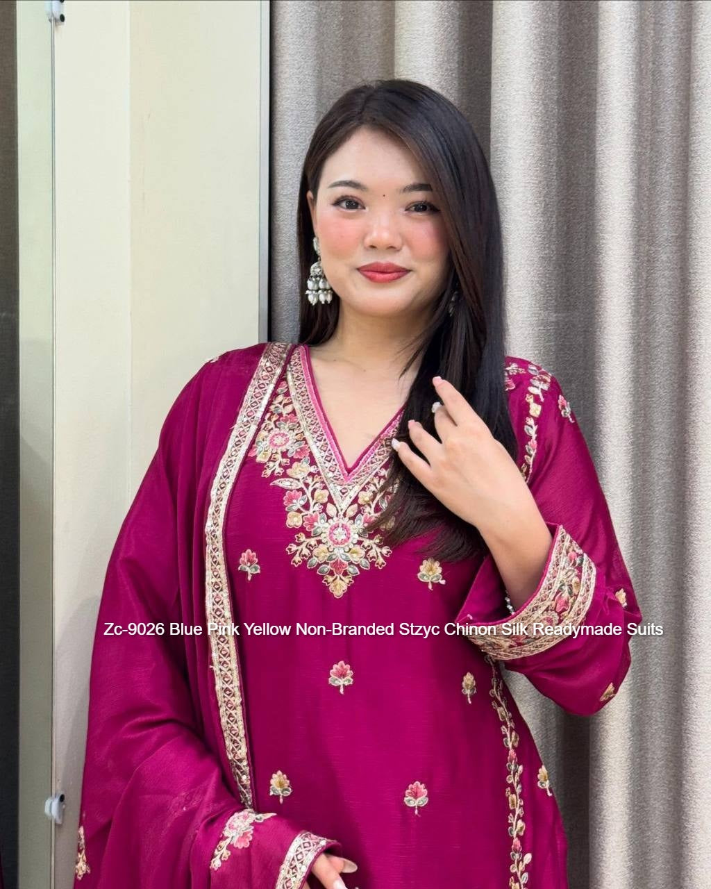 Zc-9026 Blue Pink Yellow Non-Branded Stzyc Chinon Silk Readymade Suits