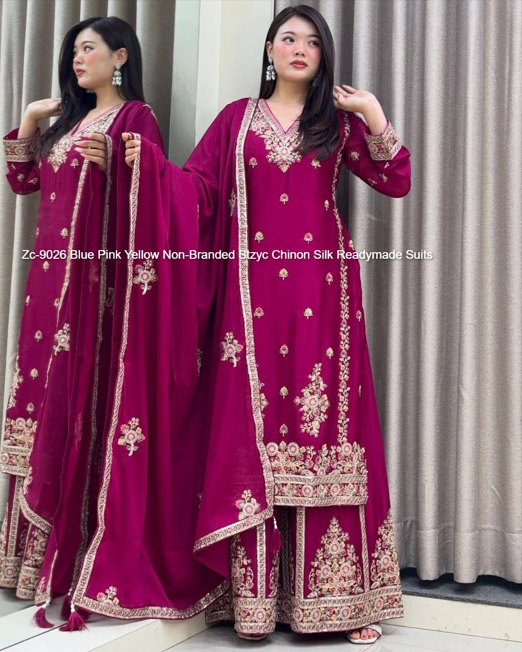 Zc-9026 Blue Pink Yellow Non-Branded Stzyc Chinon Silk Readymade Suits