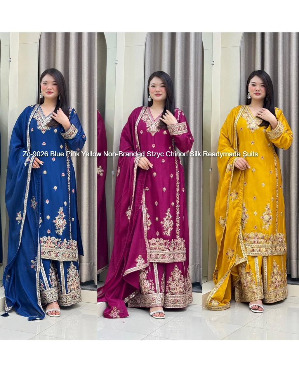 Zc-9026 Blue Pink Yellow Non-Branded Stzyc Chinon Silk Readymade Suits