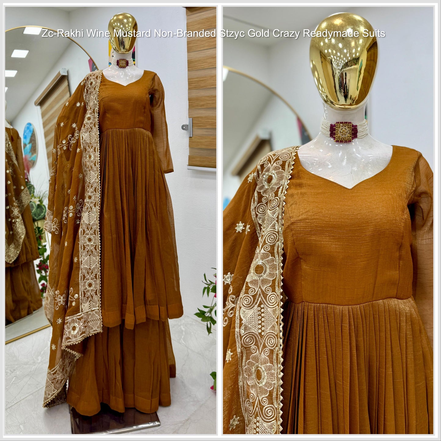 Zc-Rakhi Wine Mustard Non-Branded Stzyc Gold Crazy Readymade Suits