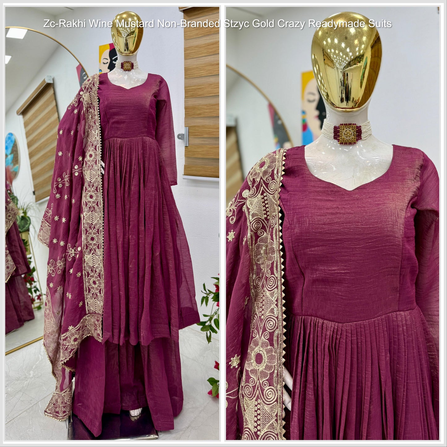 Zc-Rakhi Wine Mustard Non-Branded Stzyc Gold Crazy Readymade Suits