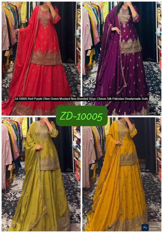 Zd-10005 Red Purple Olive Green Mustard Non-Branded Stzyc Chinon Silk Pakistani Readymade Suits