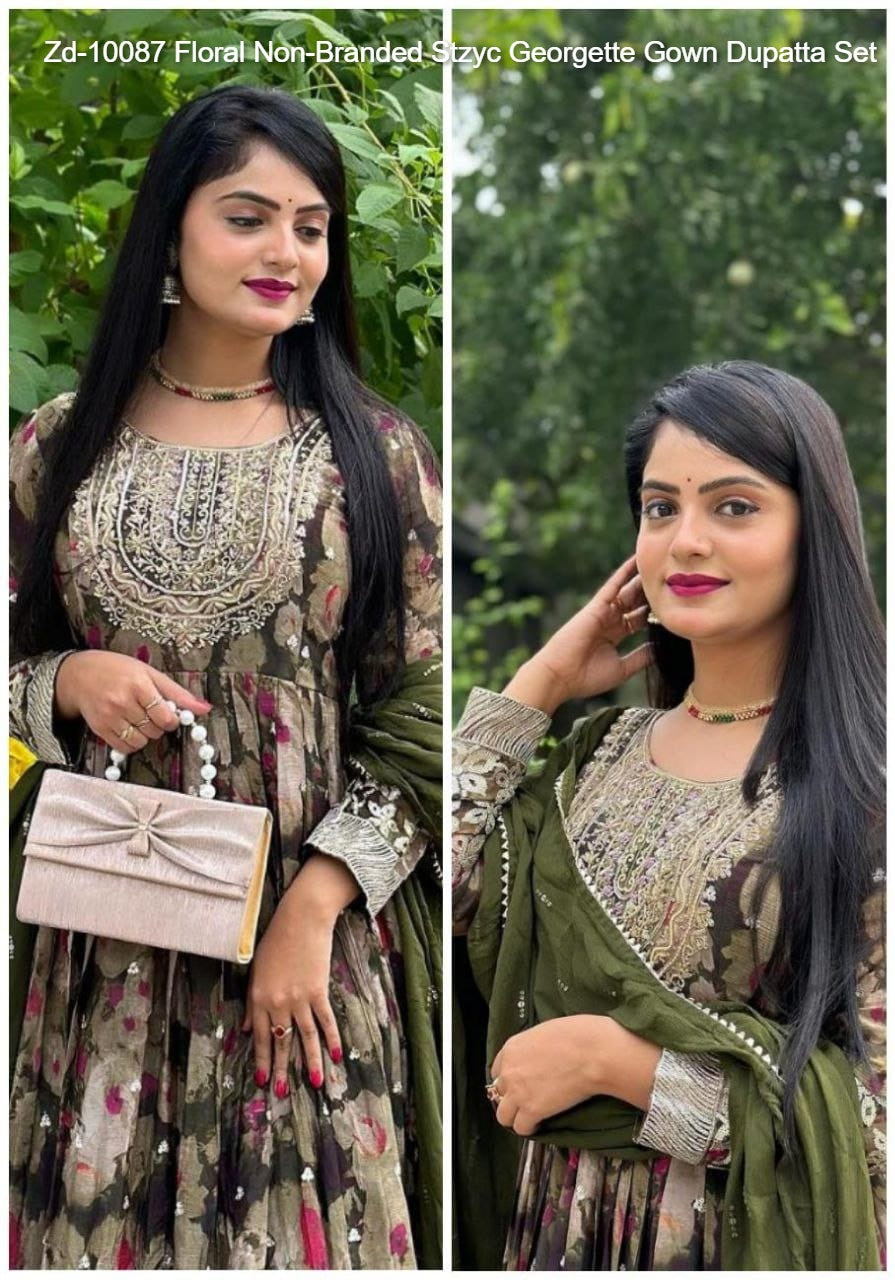 Zd-10087 Floral Non-Branded Stzyc Georgette Gown Dupatta Set