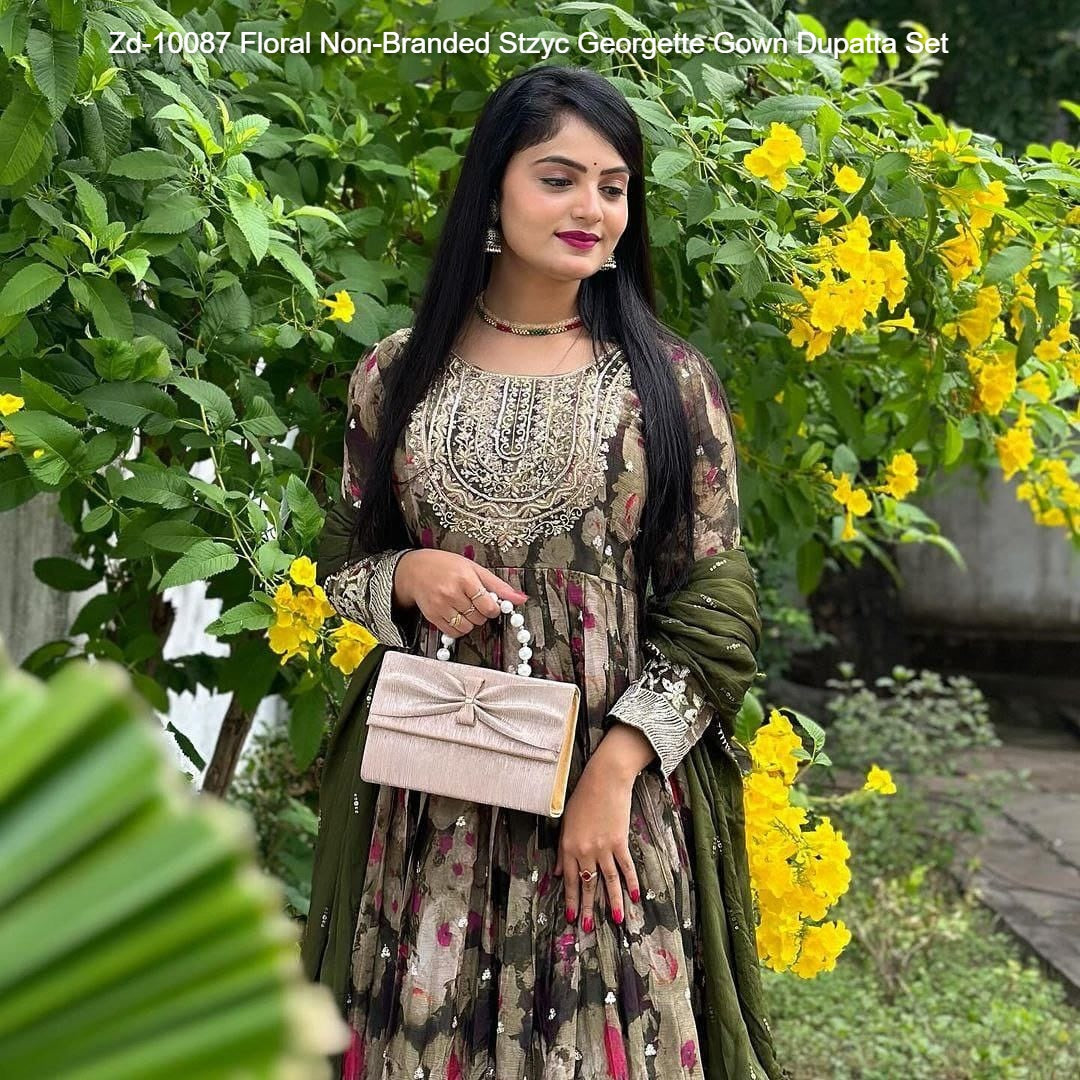 Zd-10087 Floral Non-Branded Stzyc Georgette Gown Dupatta Set