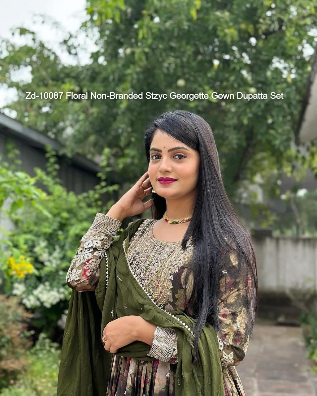 Zd-10087 Floral Non-Branded Stzyc Georgette Gown Dupatta Set