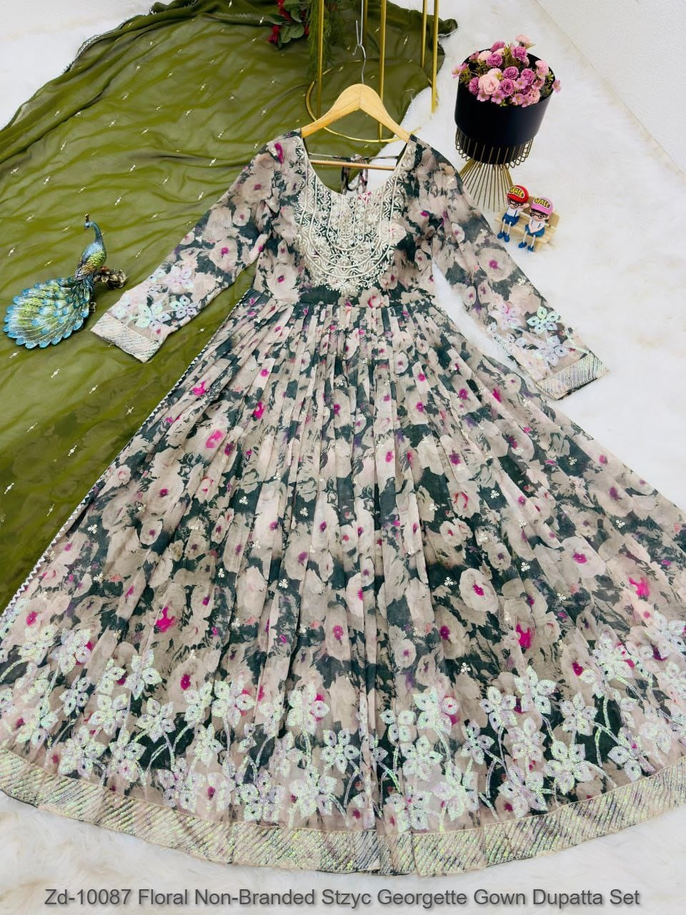 Zd-10087 Floral Non-Branded Stzyc Georgette Gown Dupatta Set