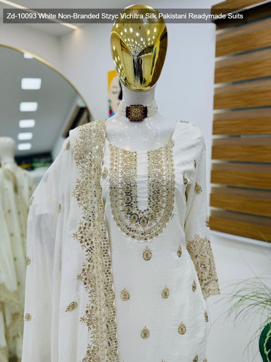 Zd-10093 White Non-Branded Stzyc Vichitra Silk Pakistani Readymade Suits