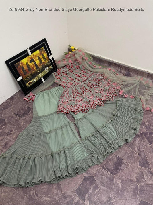 Zd-9934 Grey Non-Branded Stzyc Georgette Pakistani Readymade Suits