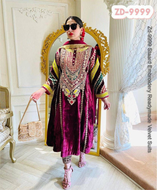 Zd-9999 Staard Embroidery Readymade Velvet Suits