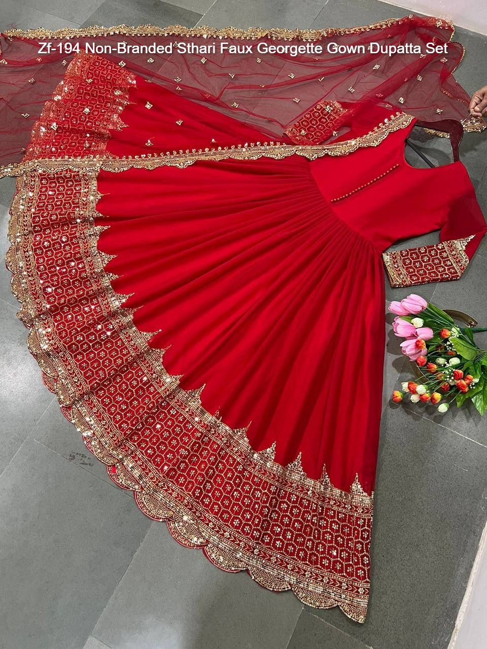 Zf-194 Non-Branded Sthari Faux Georgette Gown Dupatta Set