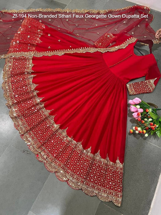 Zf-194 Non-Branded Sthari Faux Georgette Gown Dupatta Set