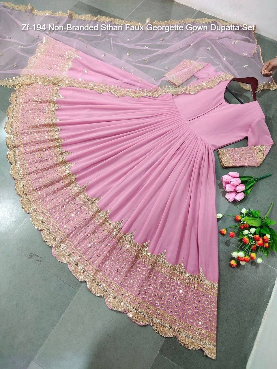 Zf-194 Non-Branded Sthari Faux Georgette Gown Dupatta Set