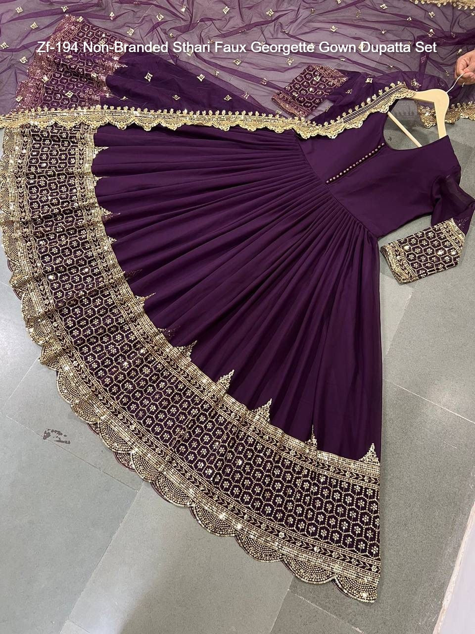 Zf-194 Non-Branded Sthari Faux Georgette Gown Dupatta Set
