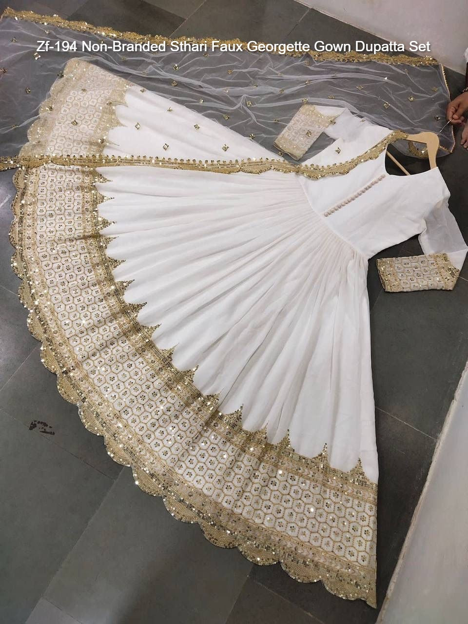 Zf-194 Non-Branded Sthari Faux Georgette Gown Dupatta Set