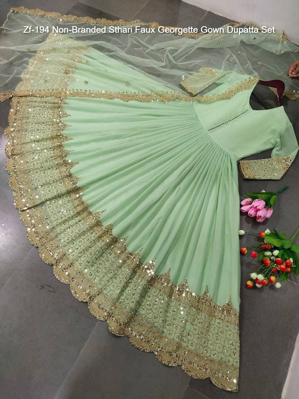 Zf-194 Non-Branded Sthari Faux Georgette Gown Dupatta Set