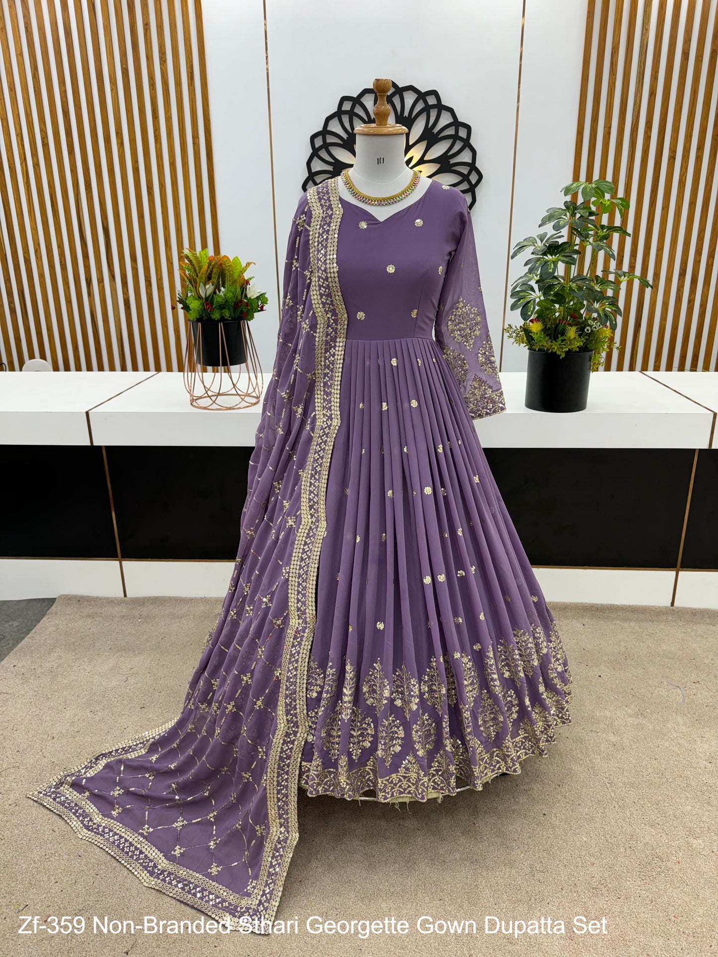 Zf-359 Non-Branded Sthari Georgette Gown Dupatta Set