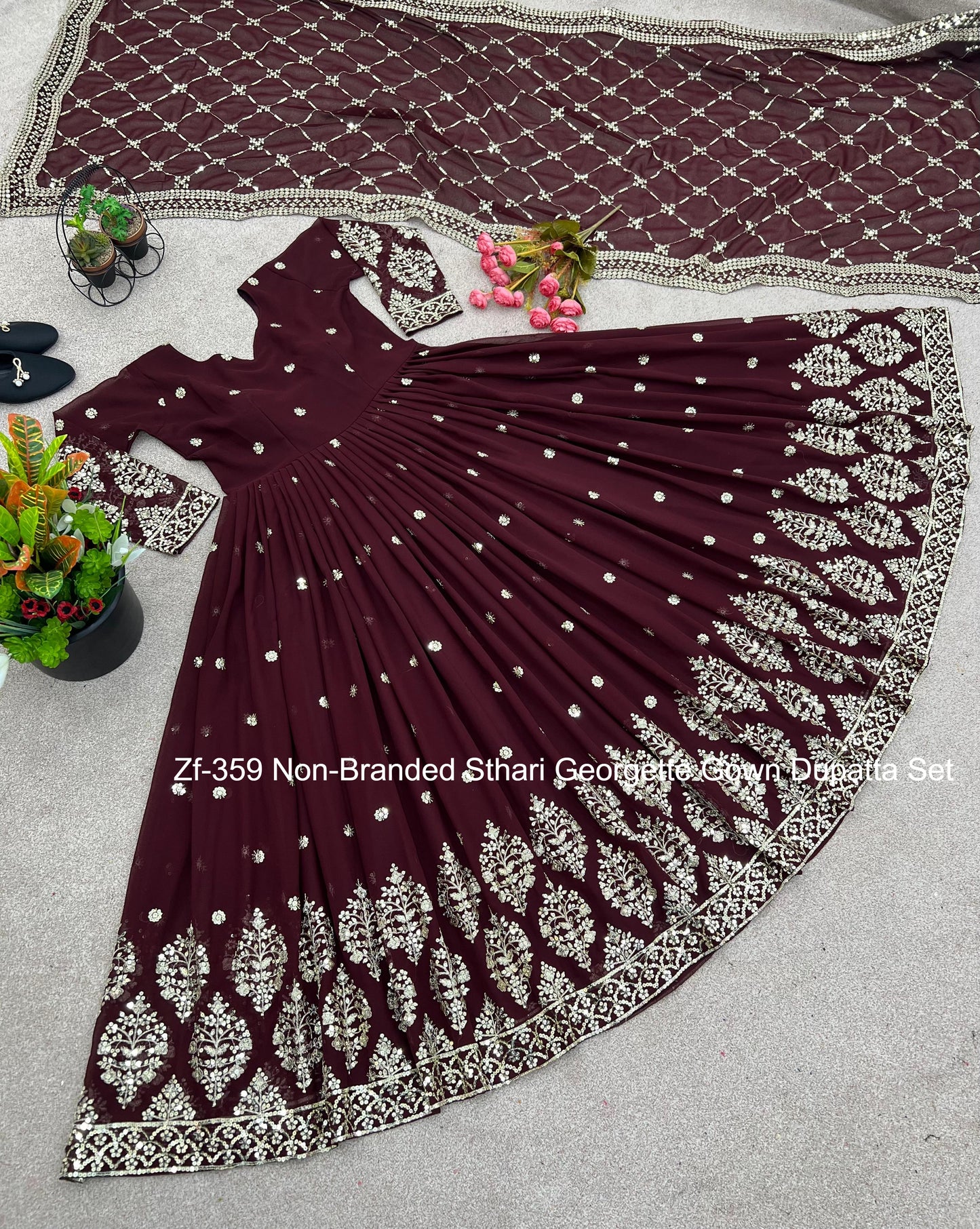Zf-359 Non-Branded Sthari Georgette Gown Dupatta Set