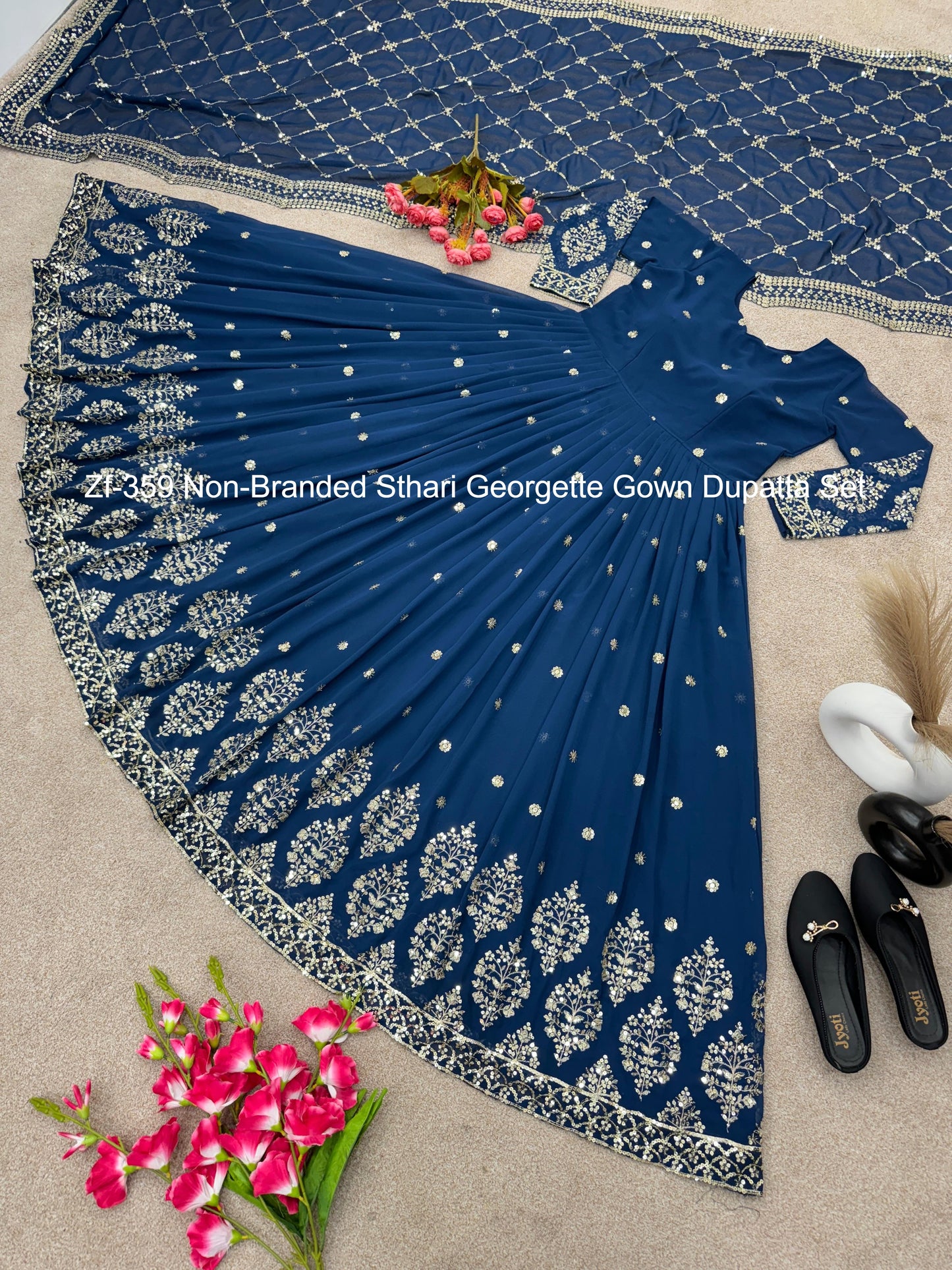 Zf-359 Non-Branded Sthari Georgette Gown Dupatta Set