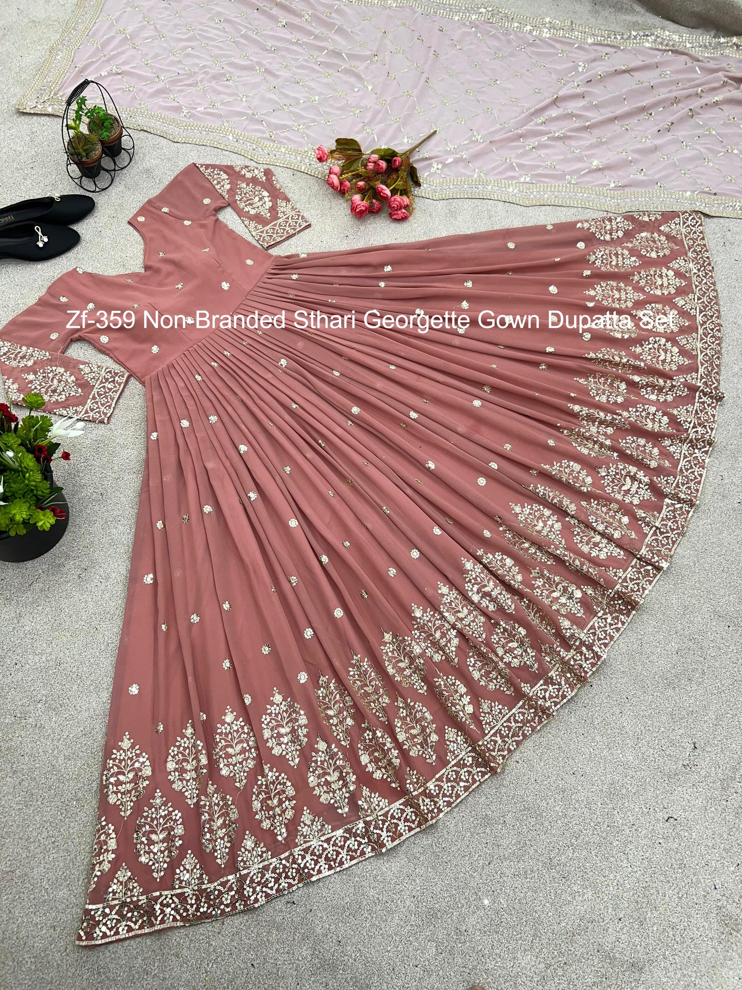 Zf-359 Non-Branded Sthari Georgette Gown Dupatta Set