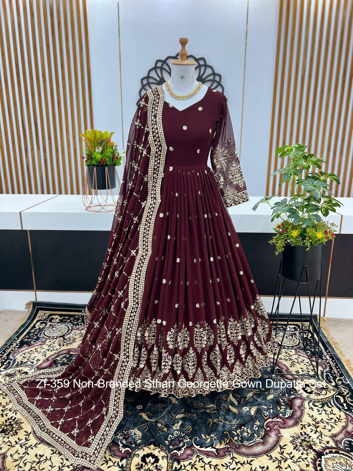 Zf-359 Non-Branded Sthari Georgette Gown Dupatta Set