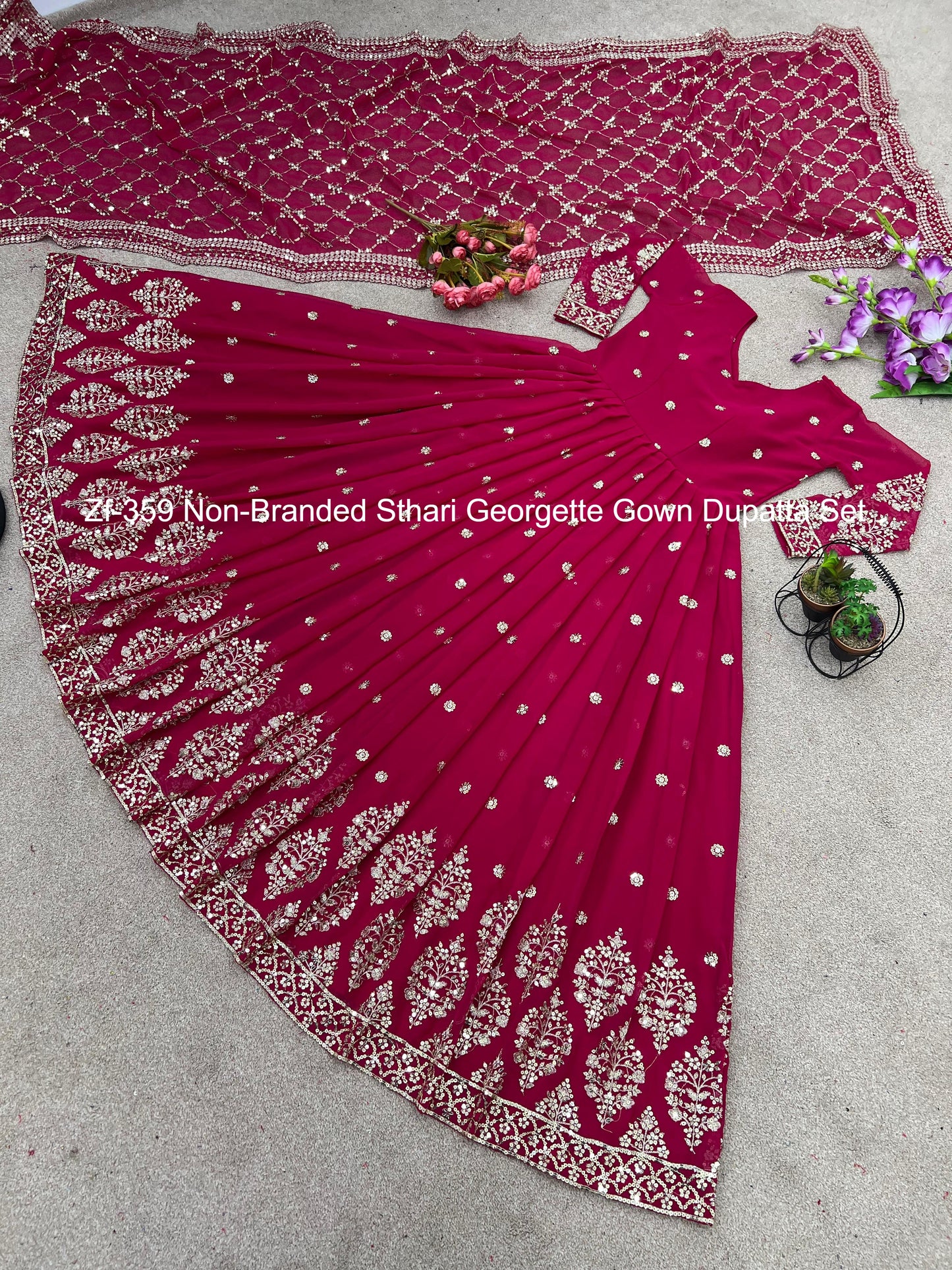 Zf-359 Non-Branded Sthari Georgette Gown Dupatta Set