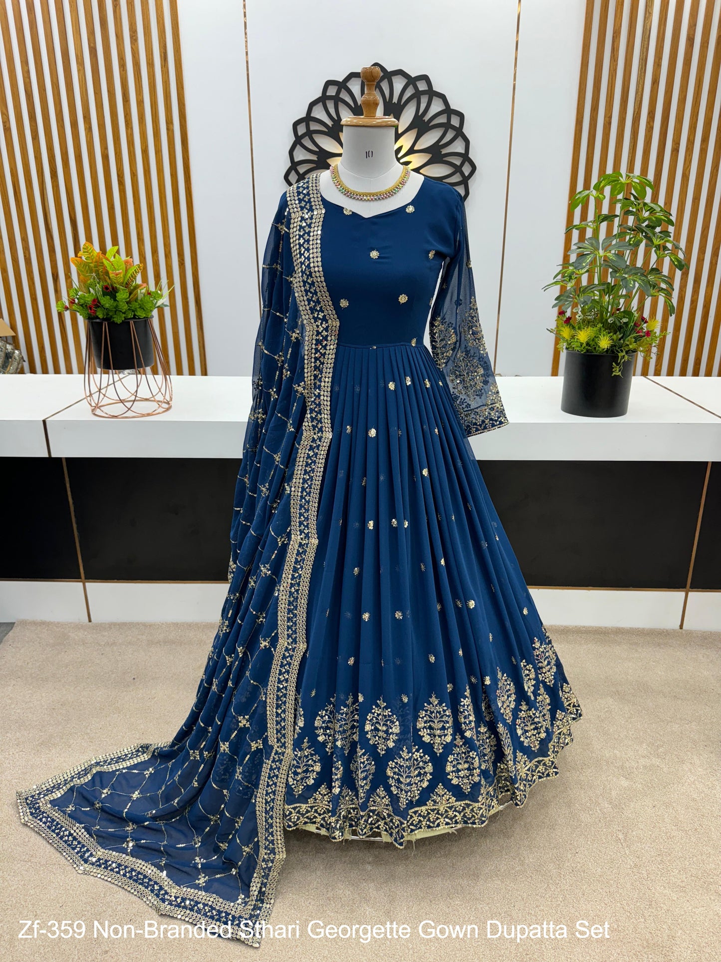 Zf-359 Non-Branded Sthari Georgette Gown Dupatta Set