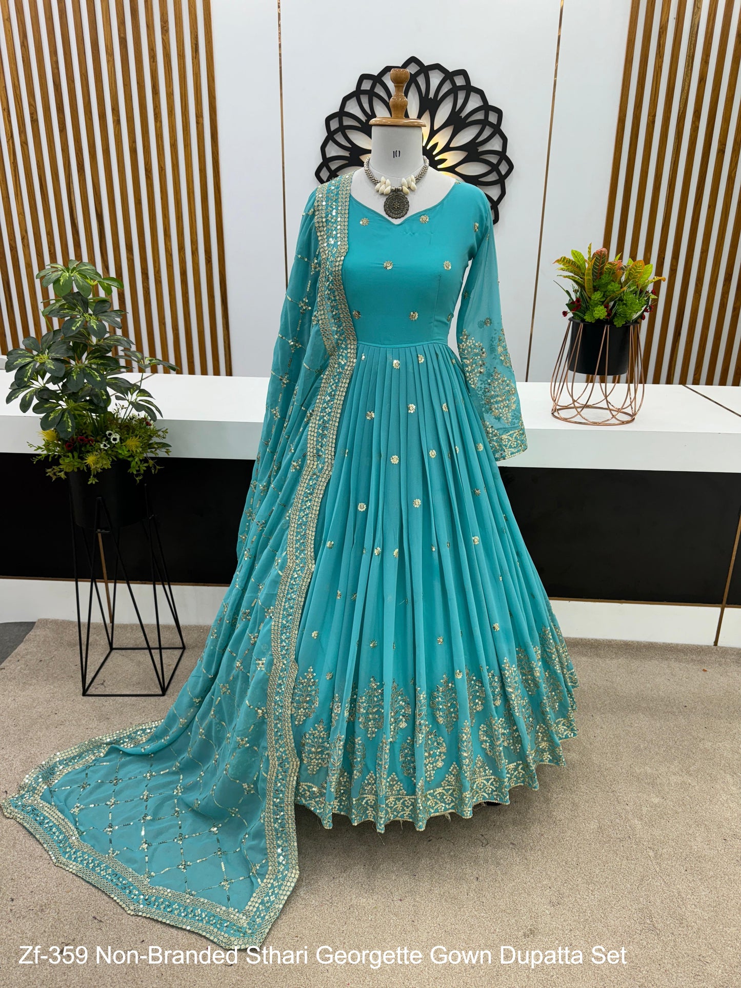 Zf-359 Non-Branded Sthari Georgette Gown Dupatta Set
